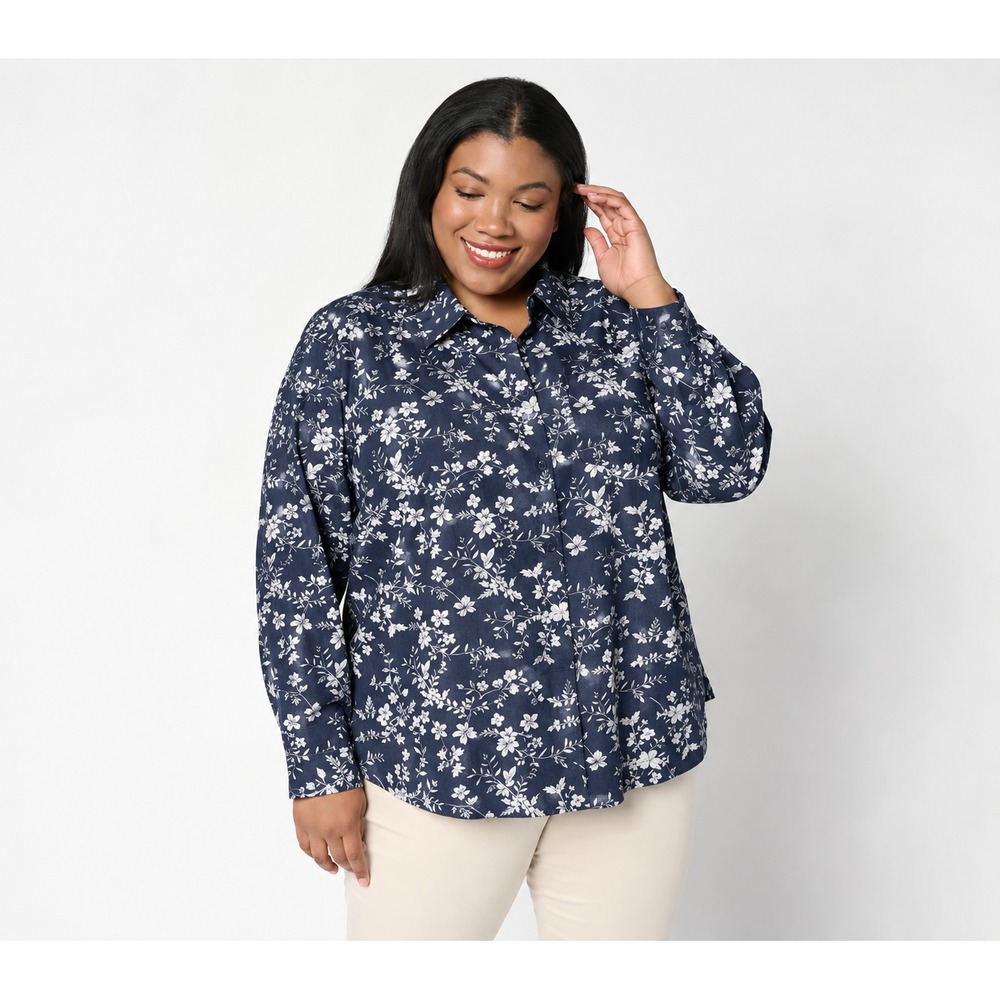 Joan Rivers Cotton Chambray Floral Classic Button Front Shirt Dark Blue, 3X